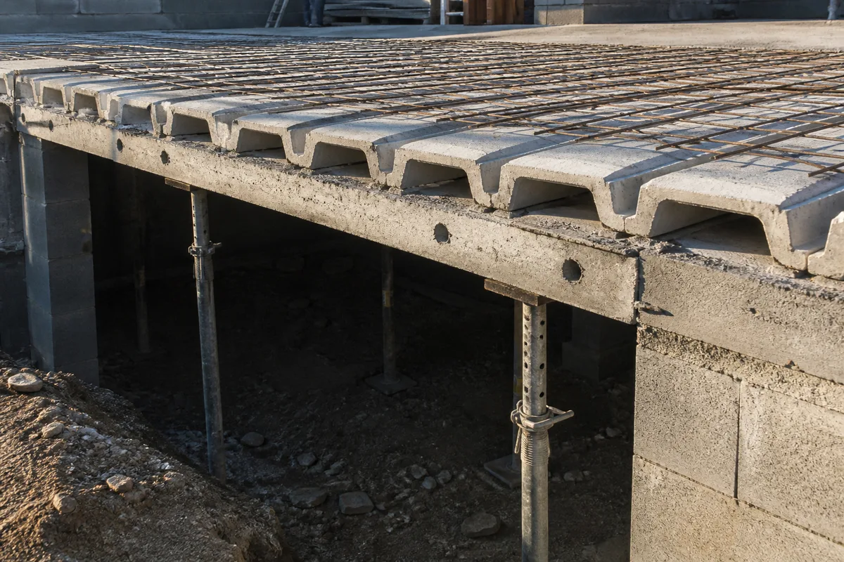 Plancher poutrelles et hourdis posé sur des murs de soubassement en blocs béton au-dessus d&rsquo;un vide sanitaire