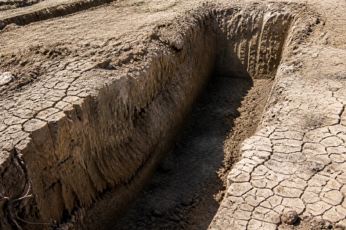 Fouille de fondation ouverte dans un sol argileux fissuré par la sécheresse sur un terrain de construction