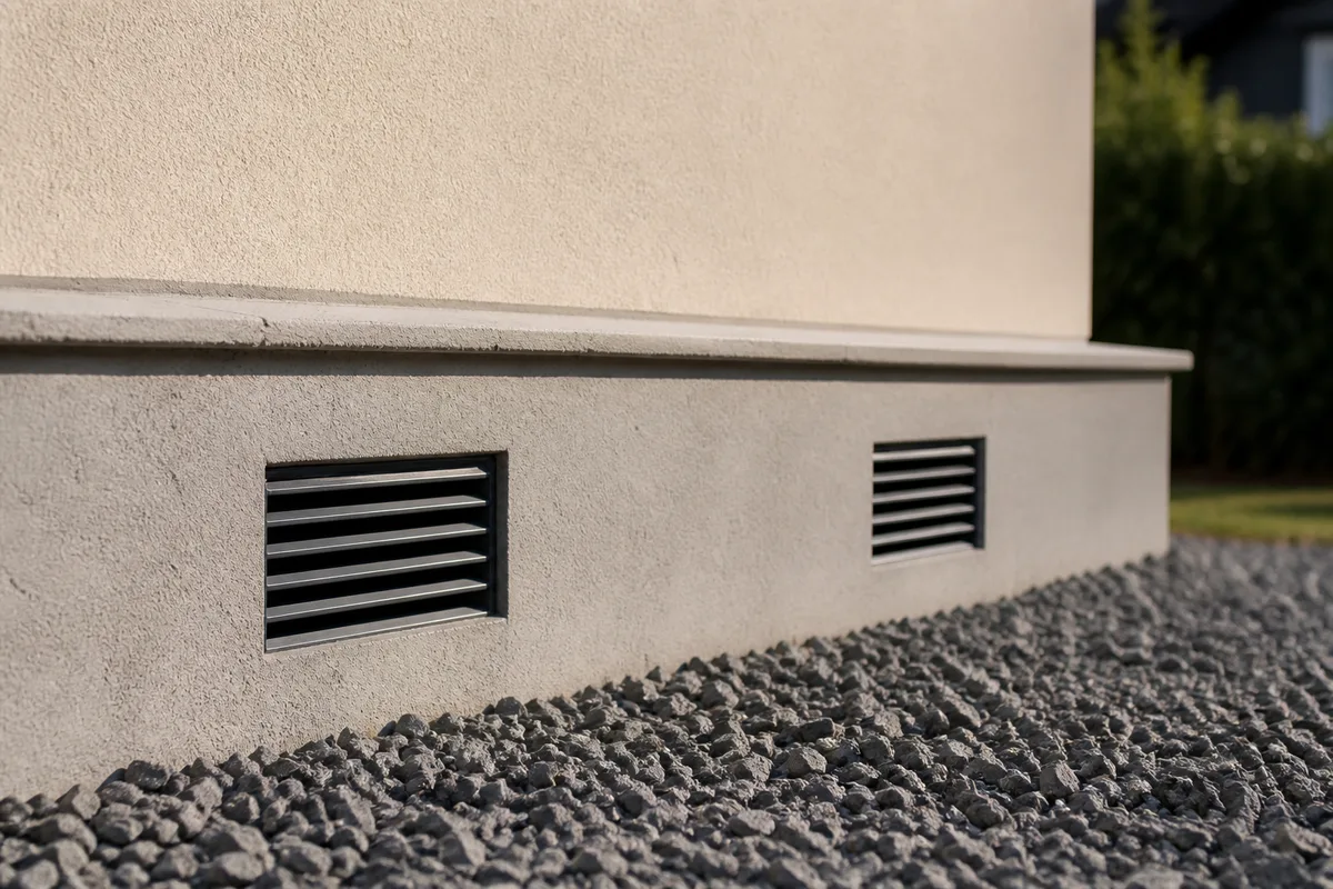 Vue rapprochée de grilles d&rsquo;aération en partie basse d&rsquo;un soubassement de maison neuve en construction
