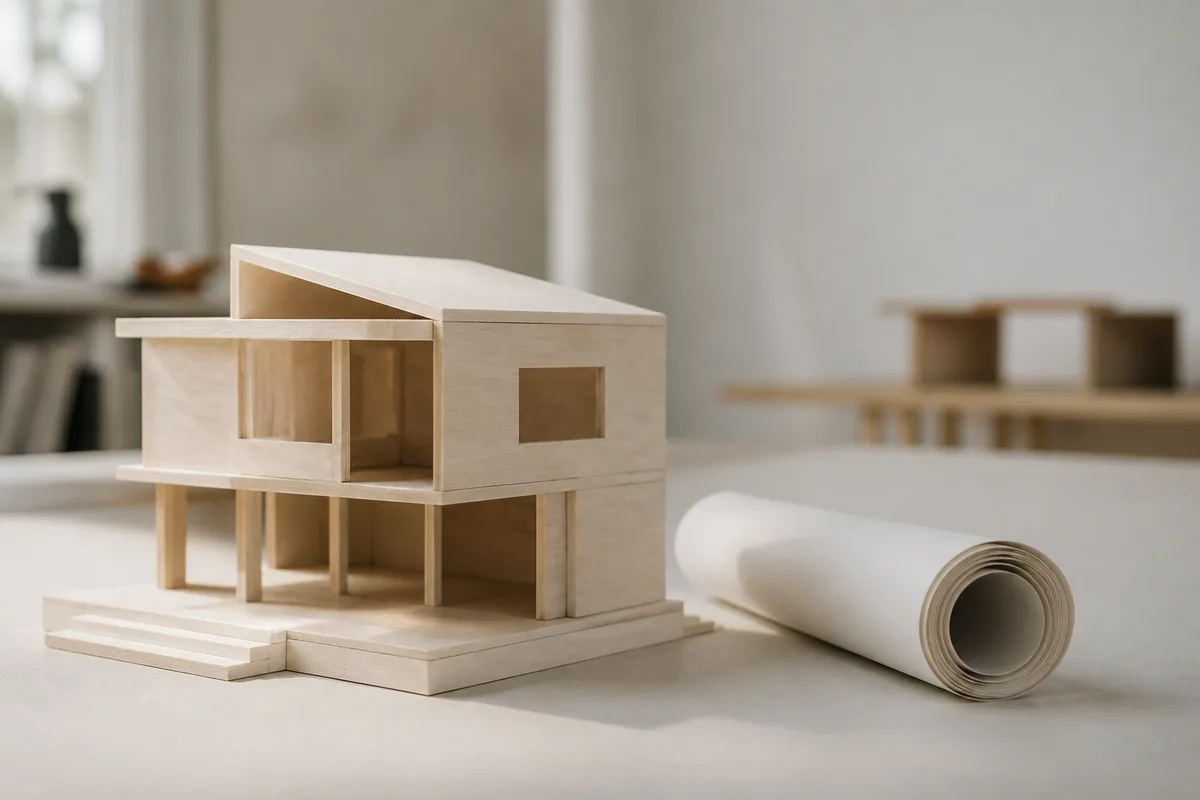 Plan de maison coté posé sur une table avec un devis de construction et une calculatrice