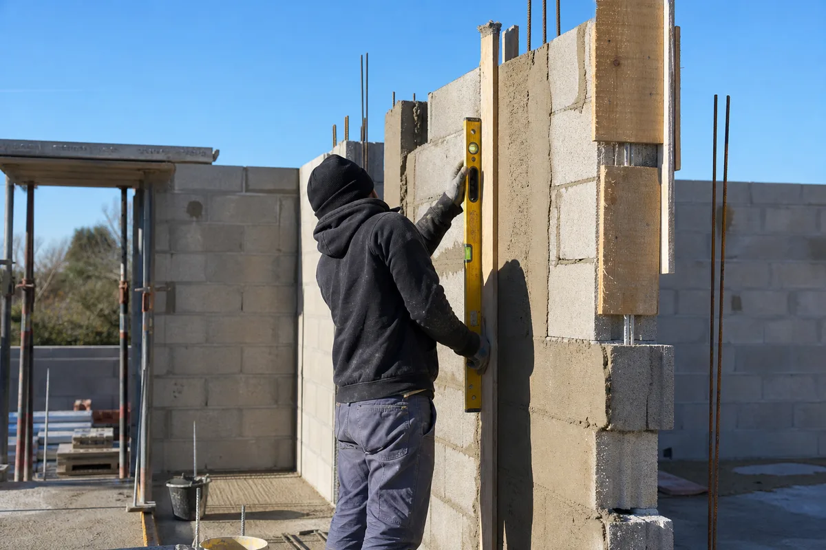 Ouvrier vérifiant l’aplomb d’un mur en cours d’élévation sur un chantier de maison
