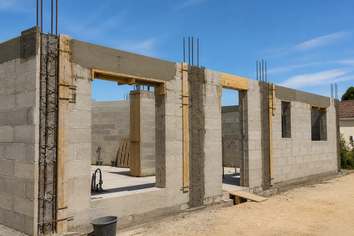 Mur de maison en cours d’élévation en blocs de béton avec chaînage vertical apparent