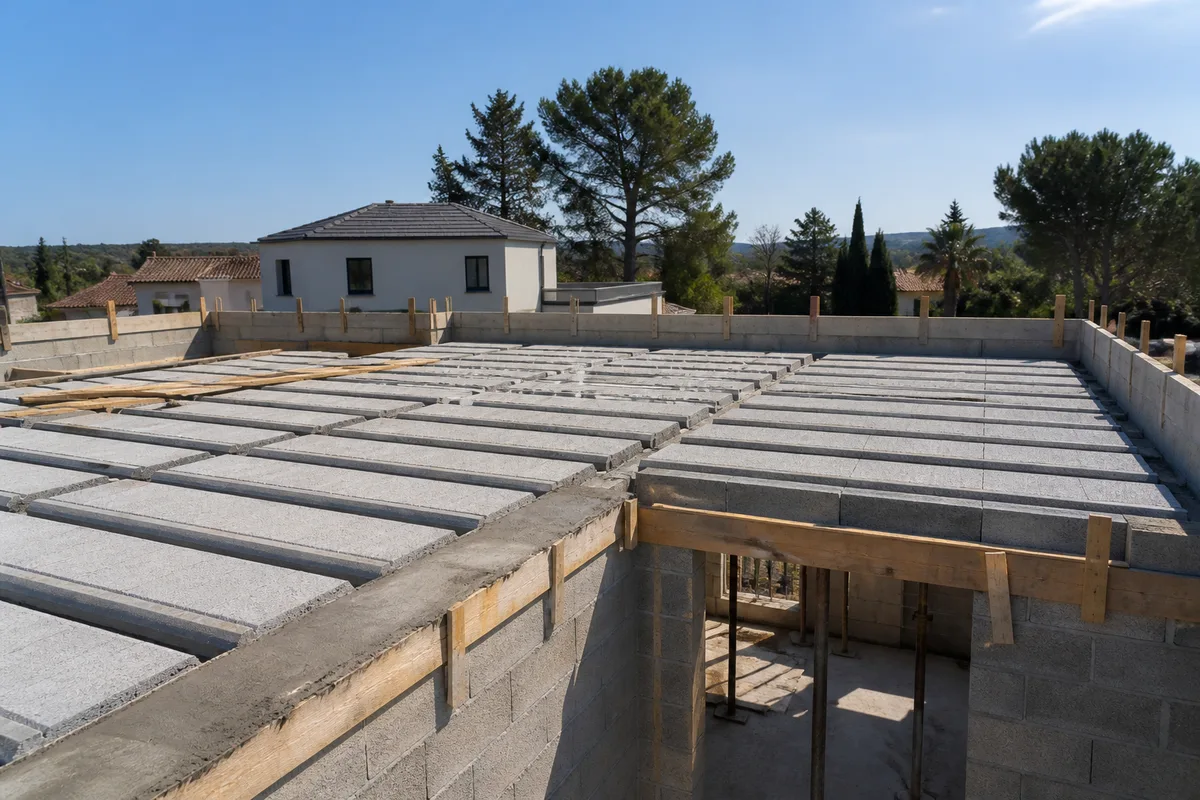 Vue de chantier avec plancher poutrelles hourdis en attente de dalle de compression