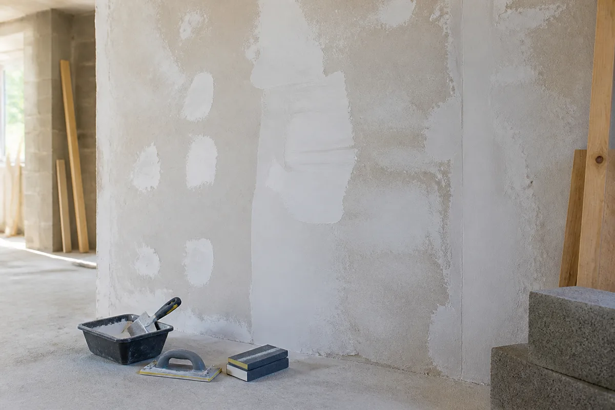 Préparation d&rsquo;un mur intérieur avant peinture, ponçage et rebouchage en cours