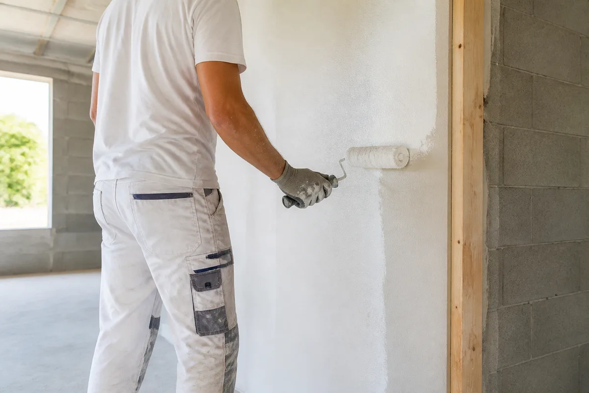 Peintre appliquant une couche de finition au rouleau sur un mur intérieur clair