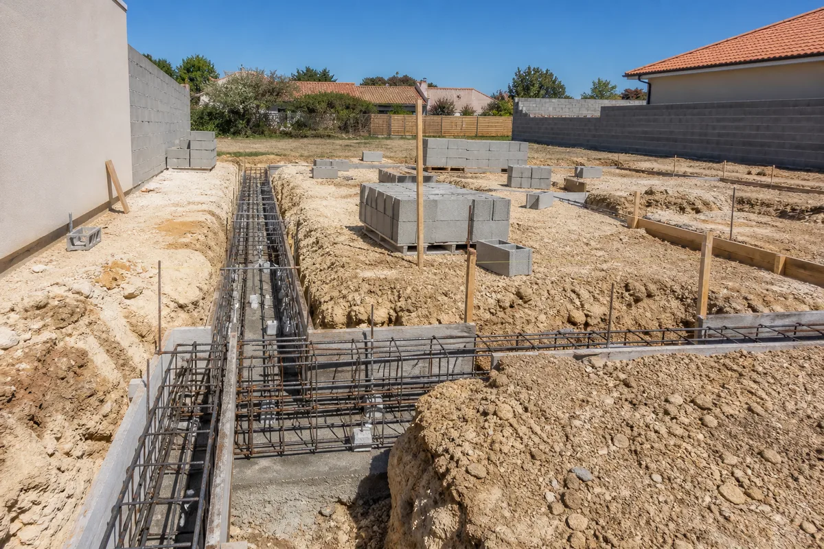 Fouilles de fondations avec semelles filantes ferraillées avant coulage du béton
