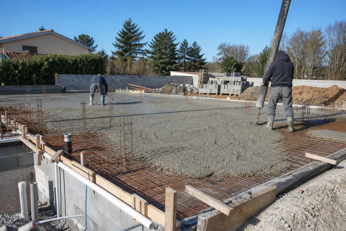 Coulage d’un radier en béton armé sur une plateforme de chantier préparée