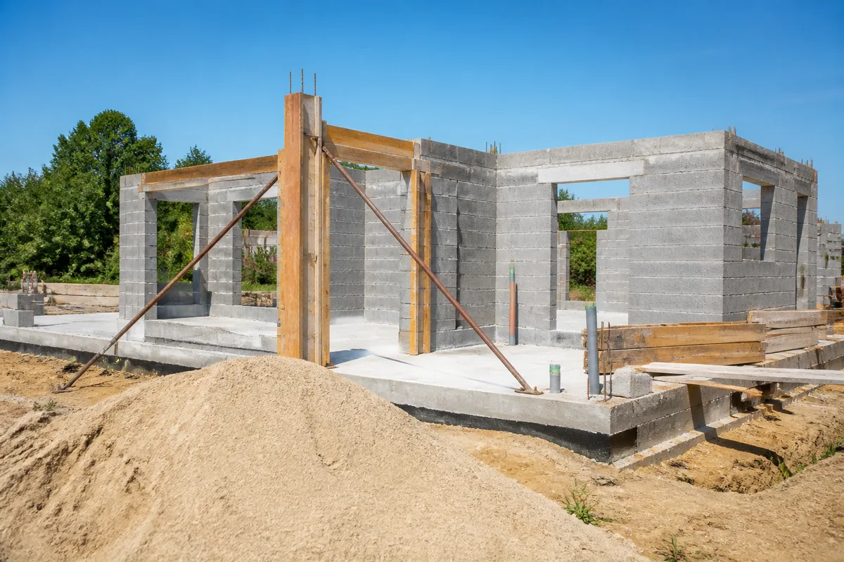 Chantier de maison individuelle en cours d'élévation, murs montés et planchers coulés