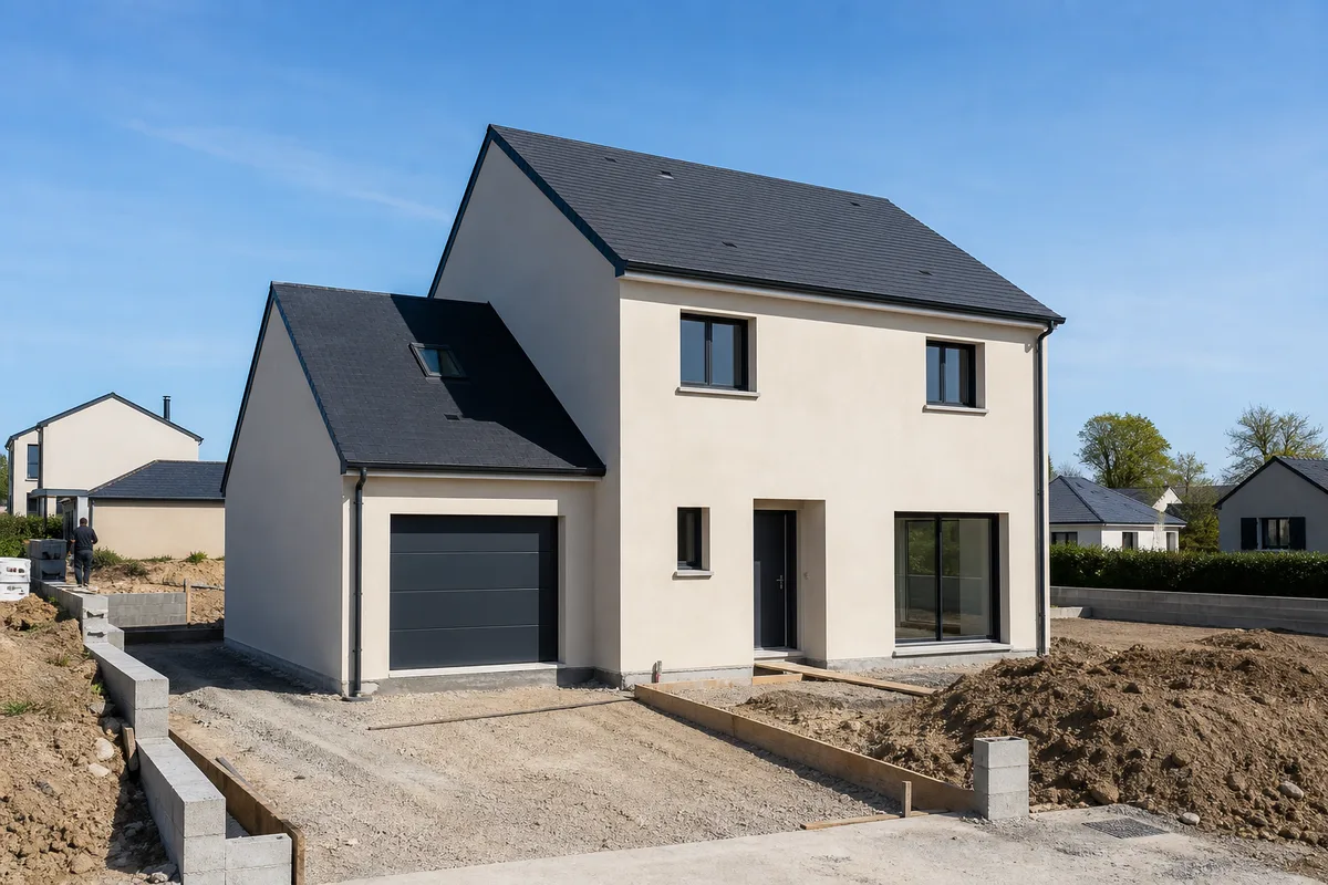 Maison neuve achevée avant remise des clés, façade et abords en fin de chantier