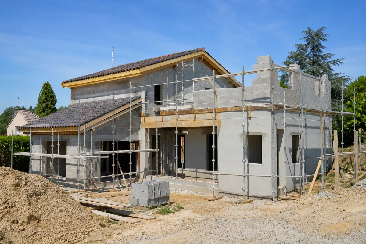 Maison neuve en construction avec échafaudage et murs montés en fin de gros œuvre