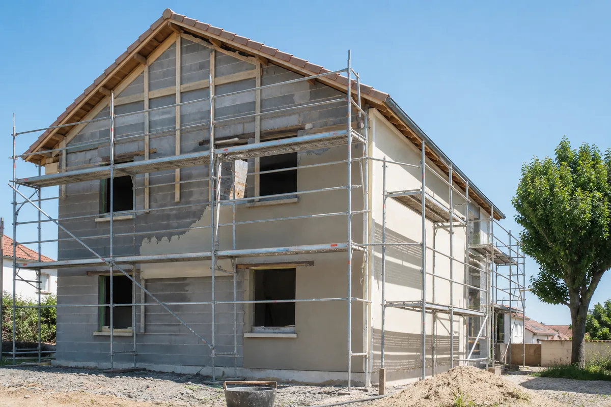Façade de maison en cours de ravalement avec échafaudage monté sur toute la hauteur