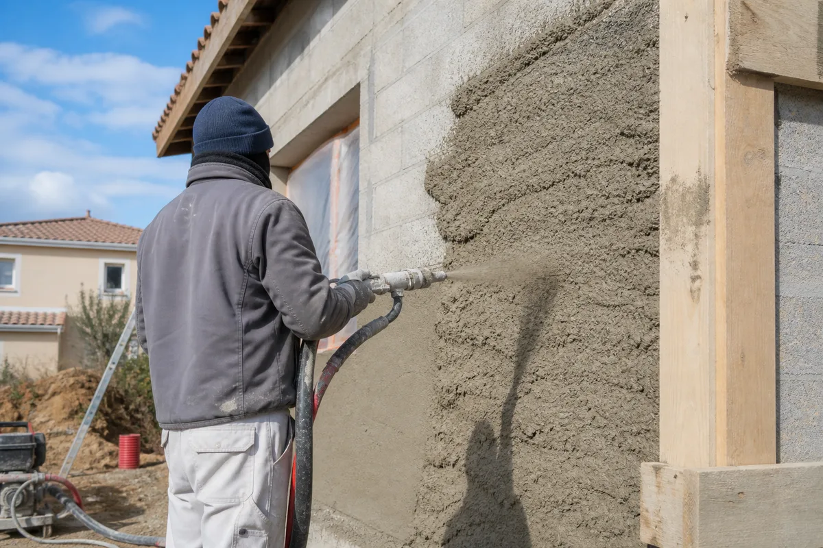 Applicateur projetant un enduit de façade à la machine sur un mur de maison