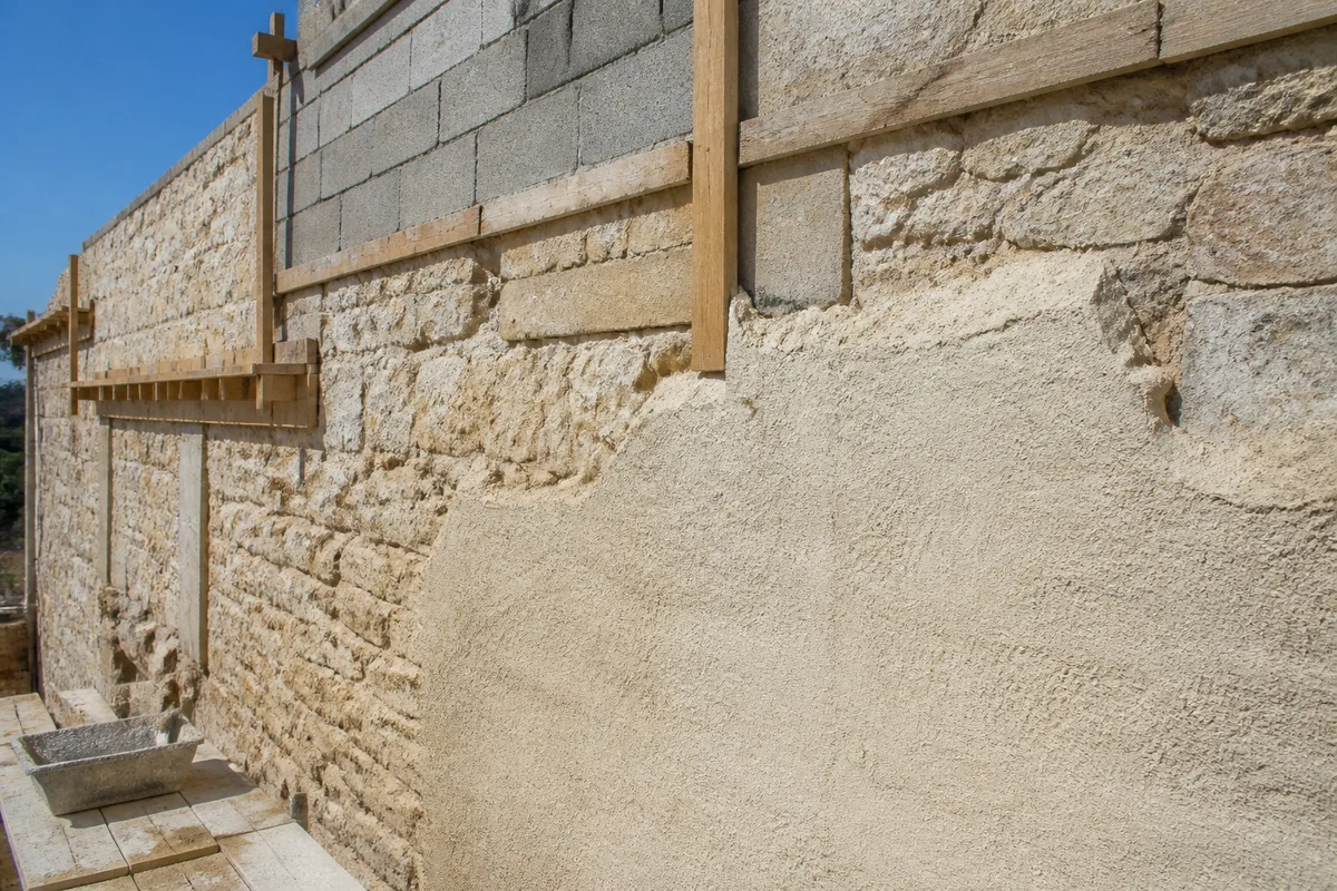 Mur ancien en pierre calcaire avec enduit à la chaux en cours de réfection